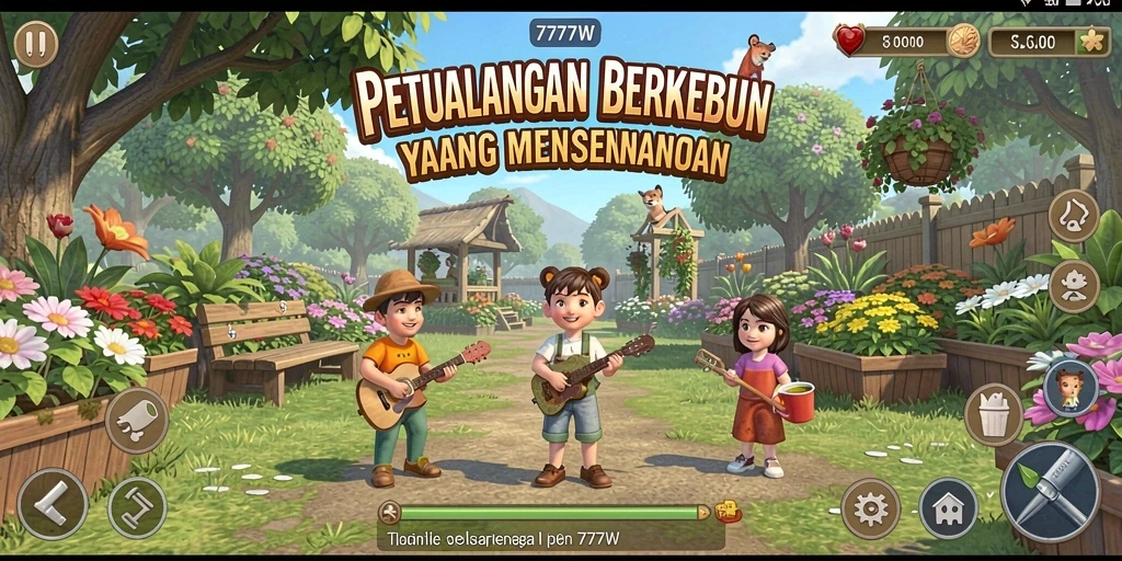 Screenshot 7777W menampilkan kebun yang rimbun dan tanaman yang subur.