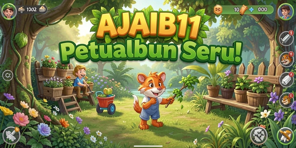Tampilan gameplay AJAIB11 yang menarik dengan kebun yang subur.