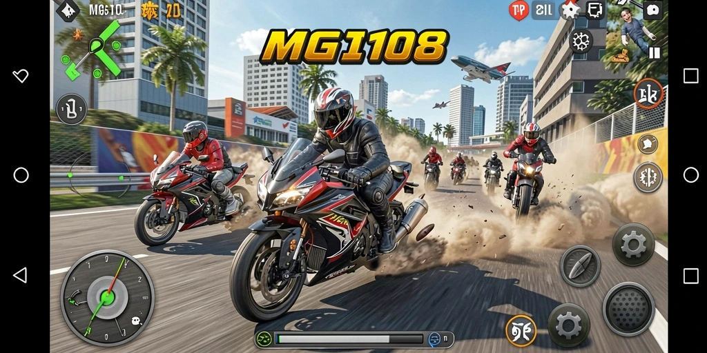 Screenshot gameplay MG108 menampilkan balapan motor yang seru.