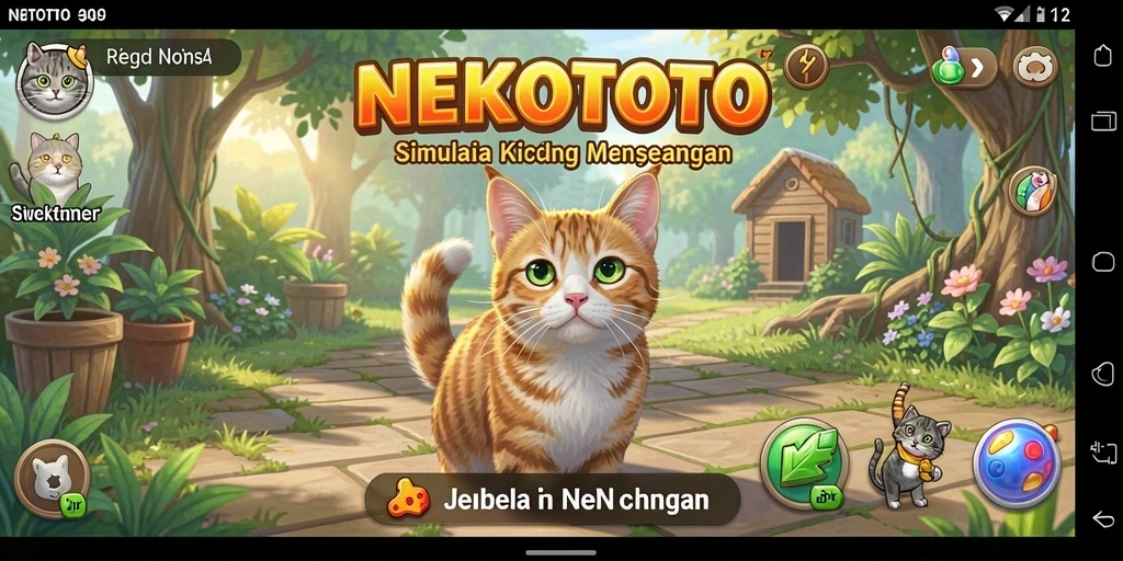 Tampilan gameplay NEKOTOTO dengan berbagai kucing yang lucu.