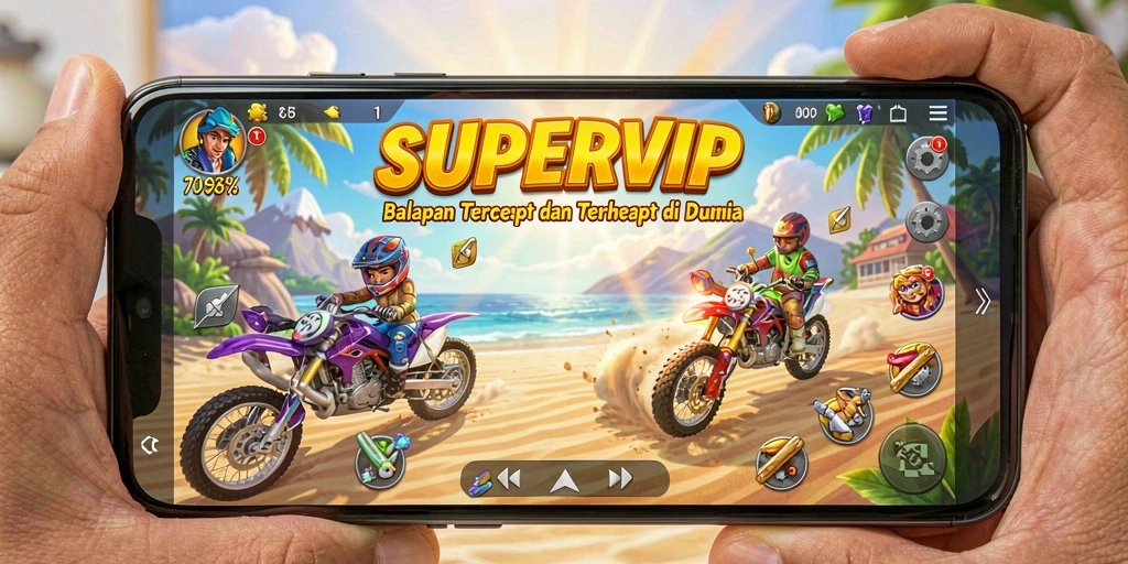 Screenshot gameplay SUPERVIP menunjukkan aksi balapan yang menegangkan.